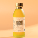 a bottle of ANTI AGING BODY OIL on a yellow background.