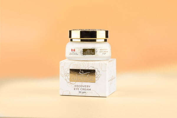 a white box with RECOVERY EYE CREAM in it on a yellow background.
