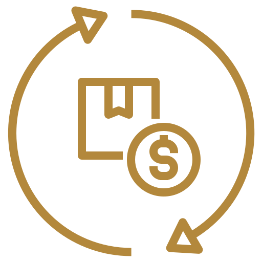 a gold circle with arrows and a dollar sign.